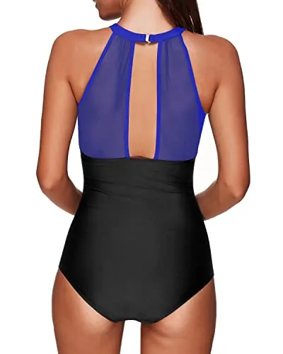 Ruched Halter Top One Piece Swimsuit For Women-Royal Blue And Black