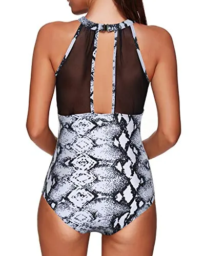 Ruched High-Neck Mesh Swimsuit Plunging Back For Women-Black And White Snake Print