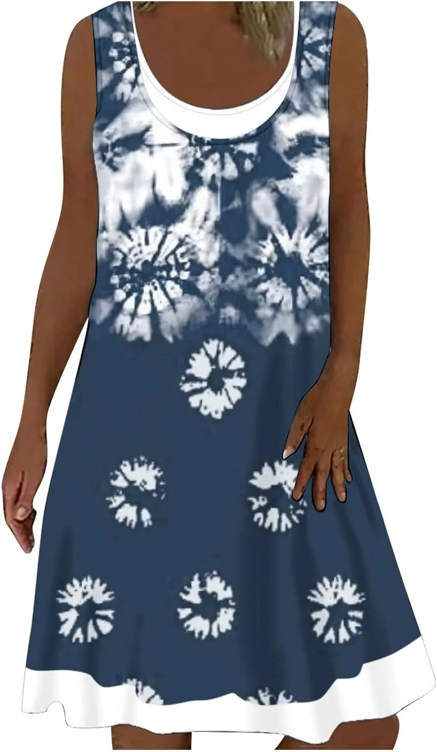 Ruziyoog Fake Two Piece Dress for Women Summer Casual Crew Neck Denim Print Tank Dresses Loose Fit A Line Swing Dress