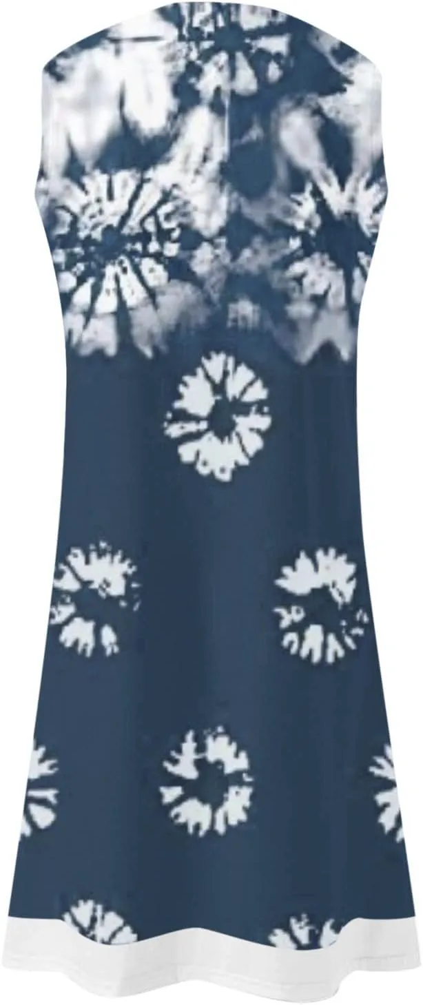 Ruziyoog Fake Two Piece Dress for Women Summer Casual Crew Neck Denim Print Tank Dresses Loose Fit A Line Swing Dress