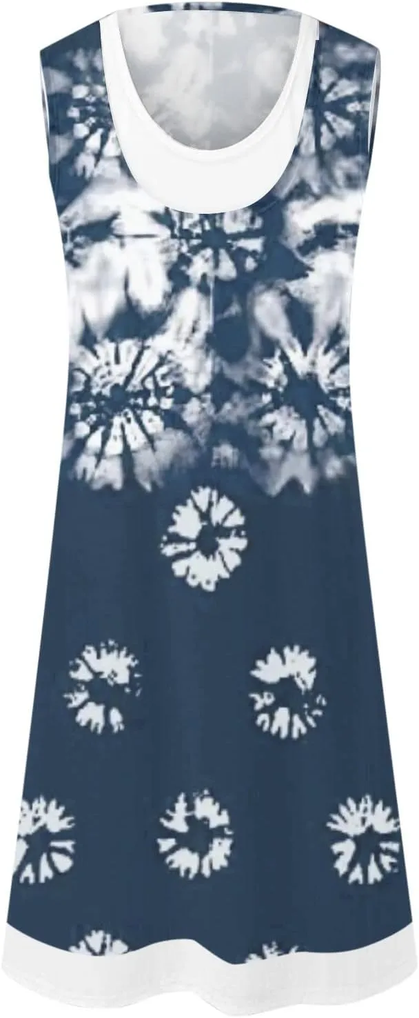 Ruziyoog Fake Two Piece Dress for Women Summer Casual Crew Neck Denim Print Tank Dresses Loose Fit A Line Swing Dress