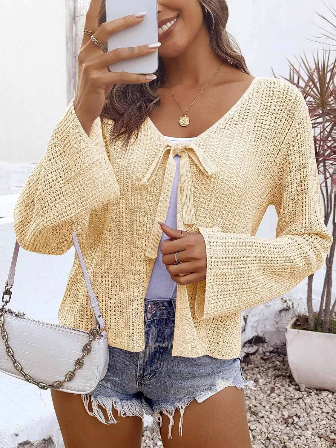 Saodimallsu Womens Summer Crochet Lightweight Cardigans Tie Front Mesh Knit Long Sleeve Casual V Neck Beach Cover Ups