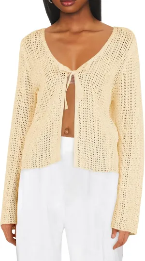 Saodimallsu Womens Summer Crochet Lightweight Cardigans Tie Front Mesh Knit Long Sleeve Casual V Neck Beach Cover Ups