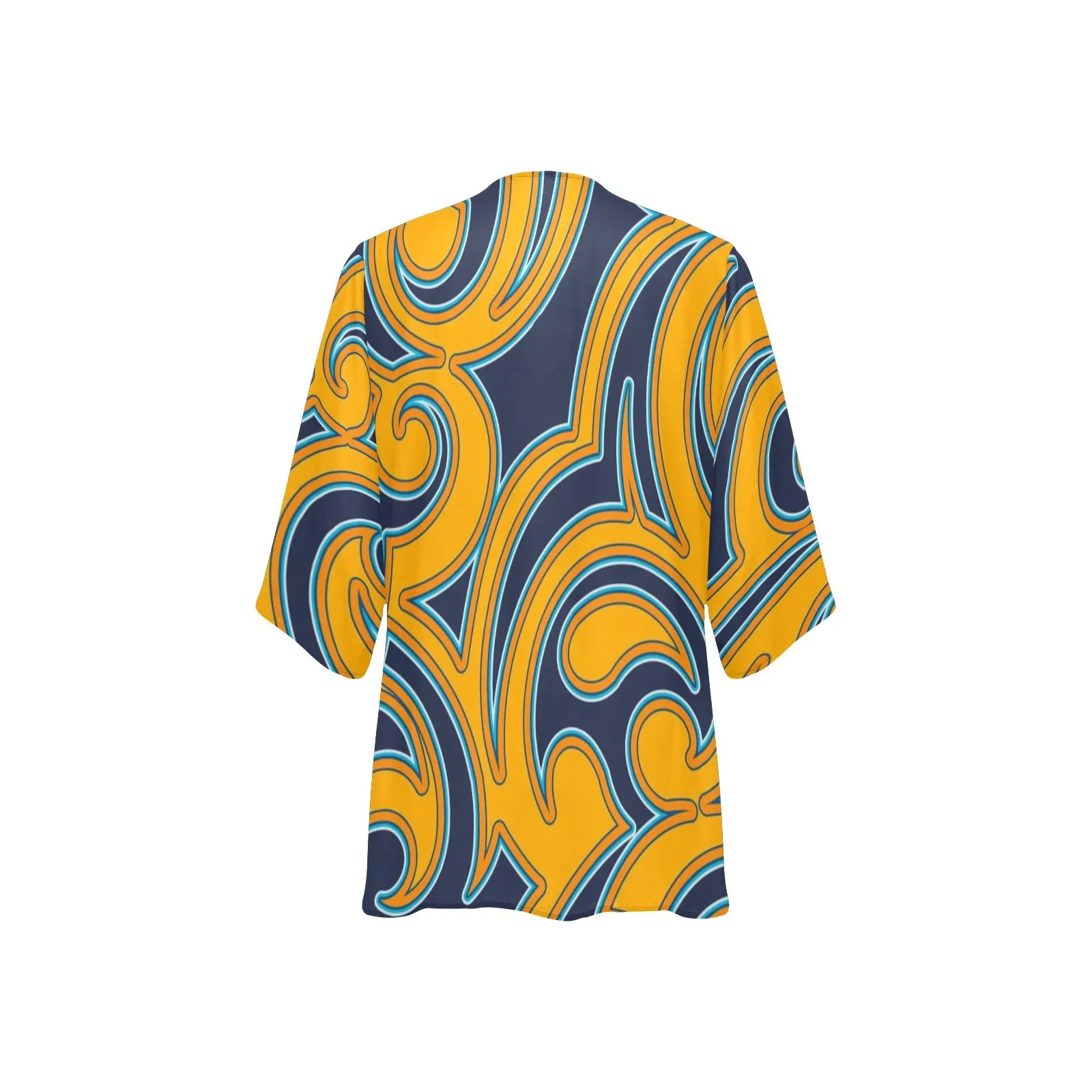 scroll turmeric blue stroke print Women's Kimono Chiffon Cover Up (Model H51)