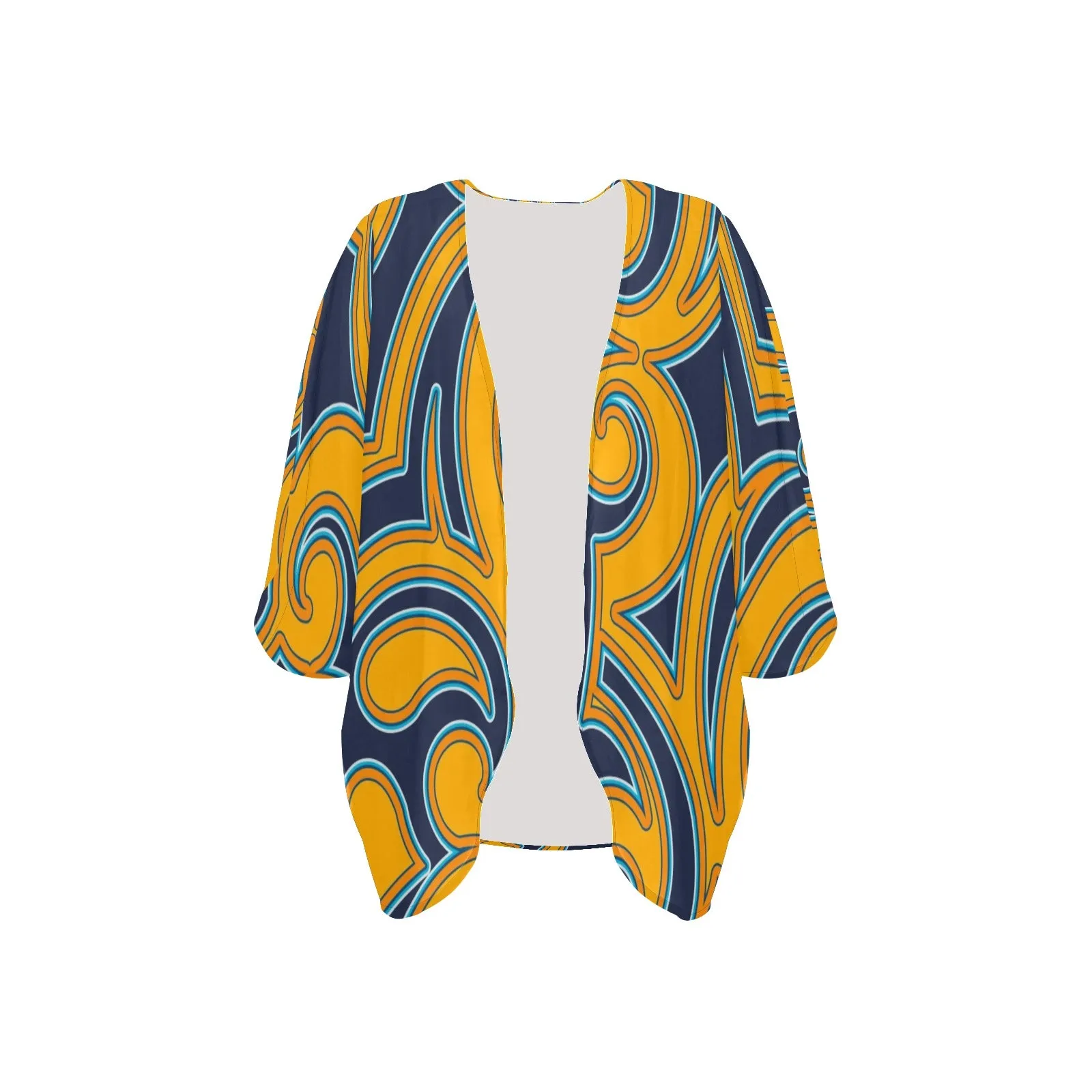 scroll turmeric blue stroke print Women's Kimono Chiffon Cover Up (Model H51)