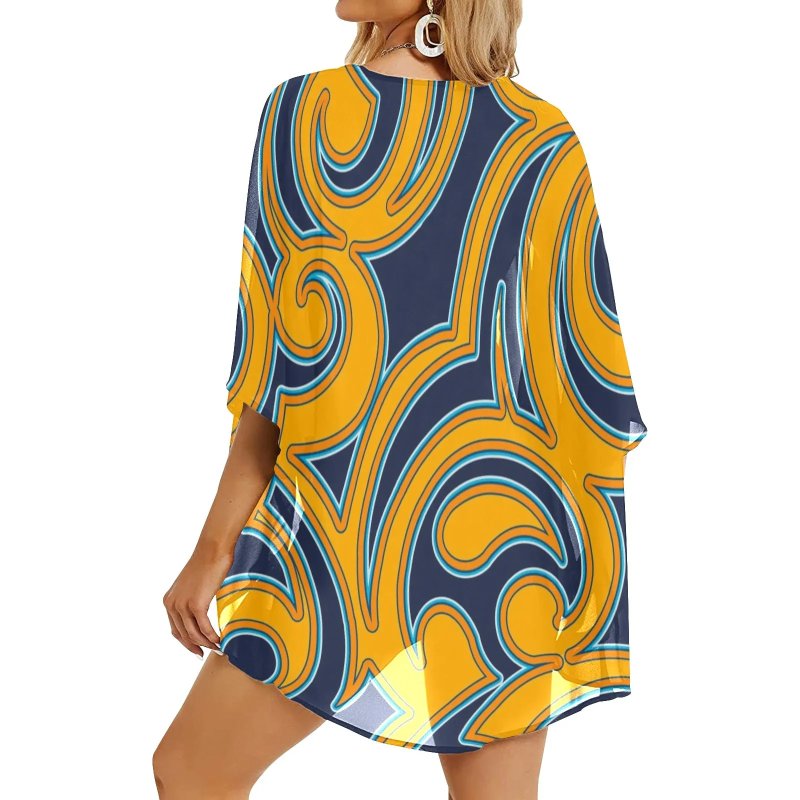 scroll turmeric blue stroke print Women's Kimono Chiffon Cover Up (Model H51)