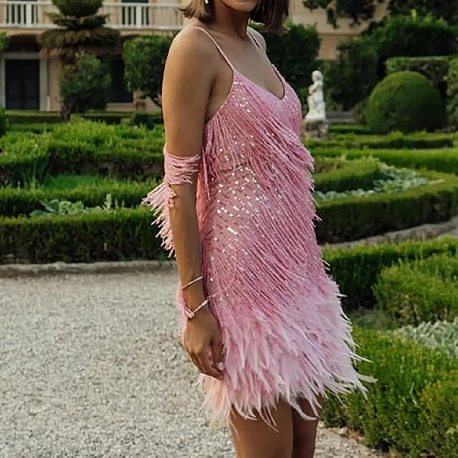 Sequin Dress for Women 1920s Fringe Flapper Mini Dresses Sleeveless Spaghetti Glitter Dress Cocktail Party Bodycon