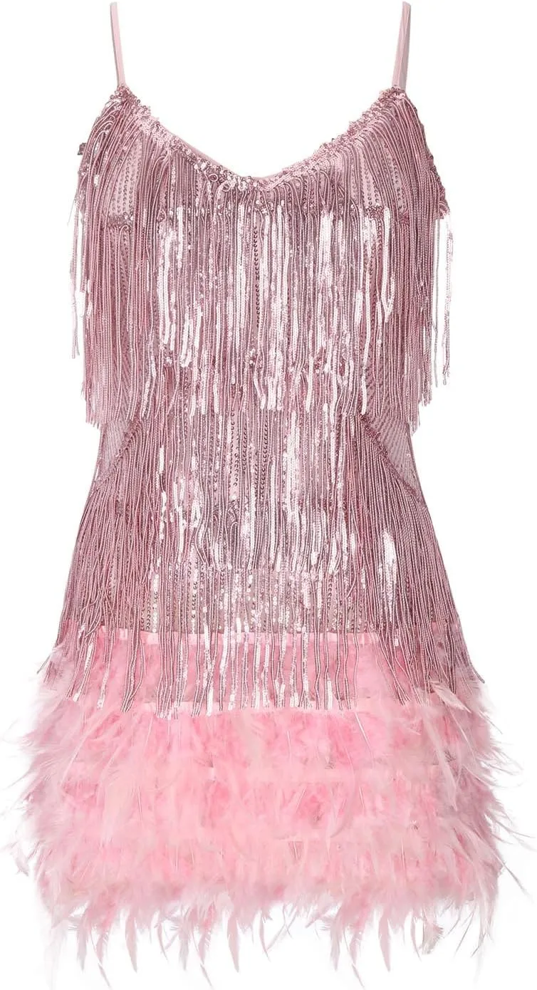 Sequin Dress for Women 1920s Fringe Flapper Mini Dresses Sleeveless Spaghetti Glitter Dress Cocktail Party Bodycon