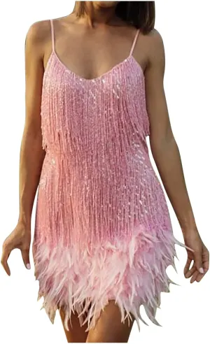 Sequin Dress for Women 1920s Fringe Flapper Mini Dresses Sleeveless Spaghetti Glitter Dress Cocktail Party Bodycon