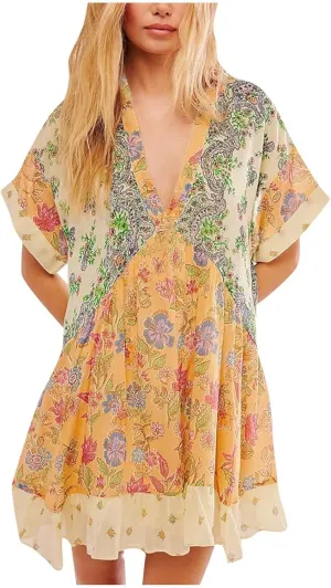 Sexy Babydoll Dress for Women Deep V Neck Flowy Summer Sundress Oversized Short Sleeve Floral Print Boho Y2K Dresses
