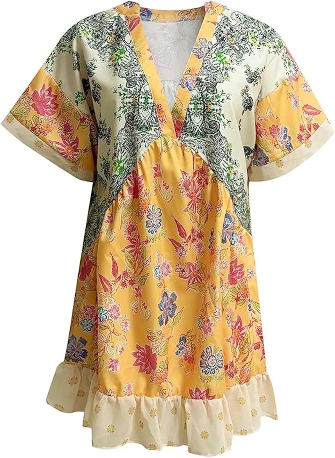 Sexy Babydoll Dress for Women Deep V Neck Flowy Summer Sundress Oversized Short Sleeve Floral Print Boho Y2K Dresses