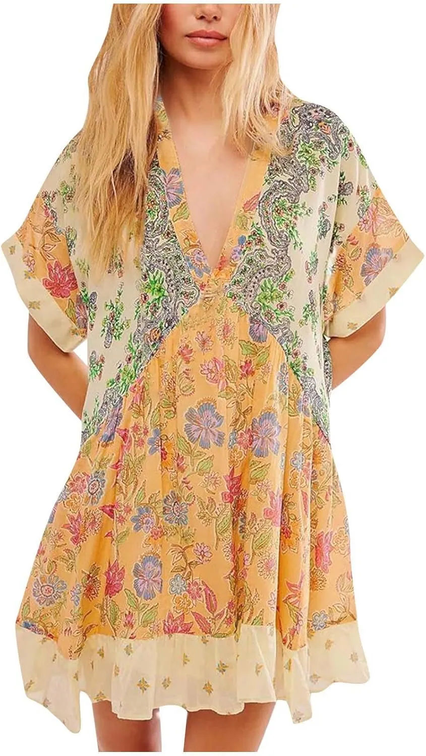 Sexy Babydoll Dress for Women Deep V Neck Flowy Summer Sundress Oversized Short Sleeve Floral Print Boho Y2K Dresses