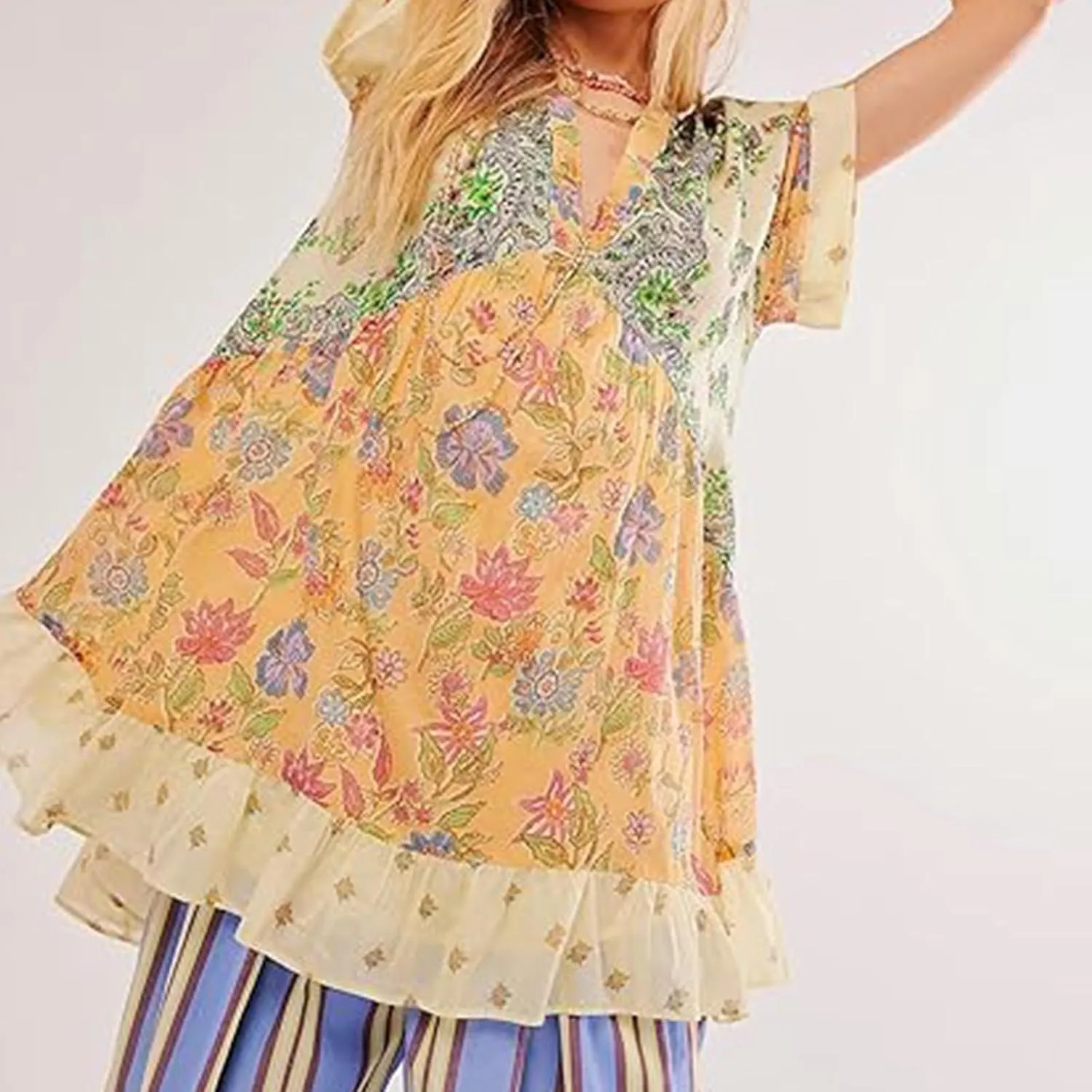 Sexy Babydoll Dress for Women Deep V Neck Flowy Summer Sundress Oversized Short Sleeve Floral Print Boho Y2K Dresses