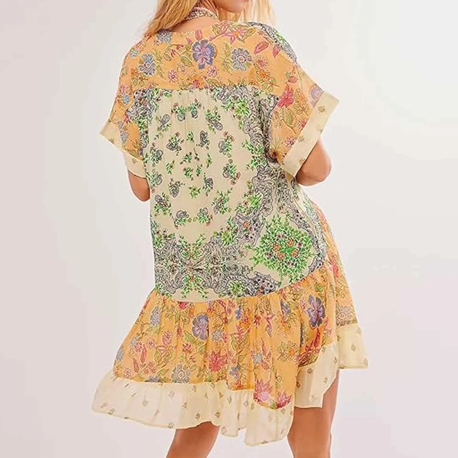 Sexy Babydoll Dress for Women Deep V Neck Flowy Summer Sundress Oversized Short Sleeve Floral Print Boho Y2K Dresses