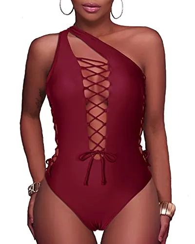Sexy One Piece Swimsuits Plunge V Neck Bathing Suits Lace Up Monokini-Maroon