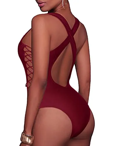 Sexy One Piece Swimsuits Plunge V Neck Bathing Suits Lace Up Monokini-Maroon
