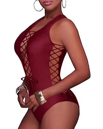 Sexy One Piece Swimsuits Plunge V Neck Bathing Suits Lace Up Monokini-Maroon