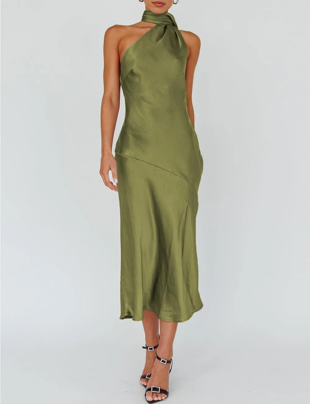 Sexy Satin Backless Halter Wedding Guest Dresses for Women Sleeveless Elegant Cowl Back Slit Midi Cocktail Dress Evening Gown