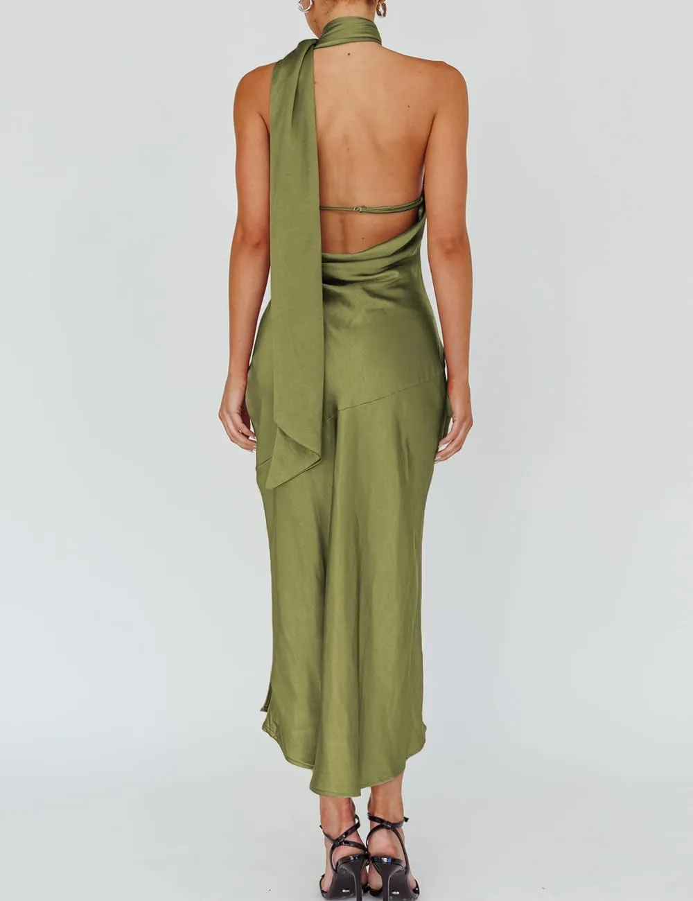 Sexy Satin Backless Halter Wedding Guest Dresses for Women Sleeveless Elegant Cowl Back Slit Midi Cocktail Dress Evening Gown