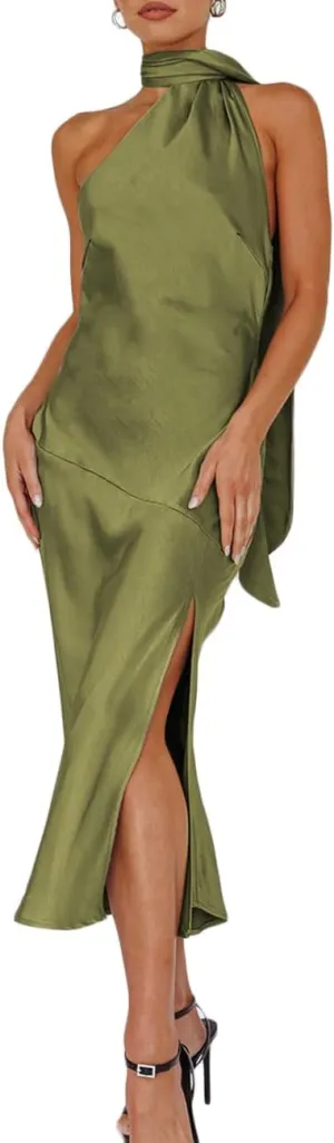 Sexy Satin Backless Halter Wedding Guest Dresses for Women Sleeveless Elegant Cowl Back Slit Midi Cocktail Dress Evening Gown