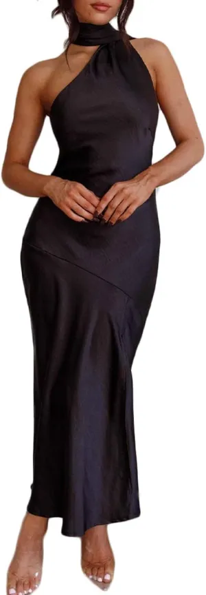 Sexy Satin Backless Halter Wedding Guest Dresses for Women Sleeveless Elegant Cowl Back Slit Midi Cocktail Dress Evening Gown
