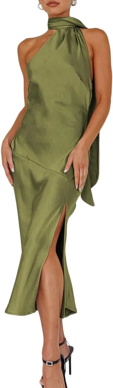 Sexy Satin Backless Halter Wedding Guest Dresses for Women Sleeveless Elegant Cowl Back Slit Midi Cocktail Dress Evening Gown