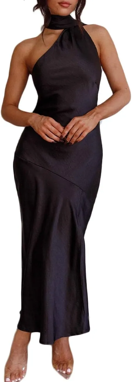 Sexy Satin Backless Halter Wedding Guest Dresses for Women Sleeveless Elegant Cowl Back Slit Midi Cocktail Dress Evening Gown