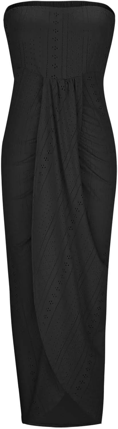 Sexy Strapless Ruched Summer Dresses for Women Trendy Eyelet High Waist Wrap Split Beach Cocktail Maxi Dresses