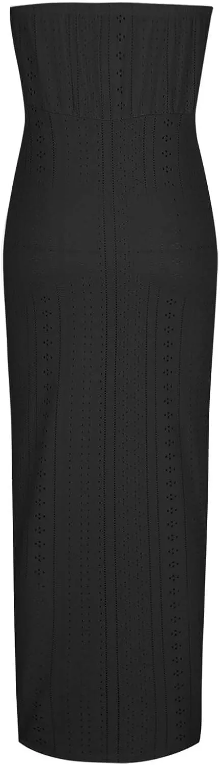 Sexy Strapless Ruched Summer Dresses for Women Trendy Eyelet High Waist Wrap Split Beach Cocktail Maxi Dresses