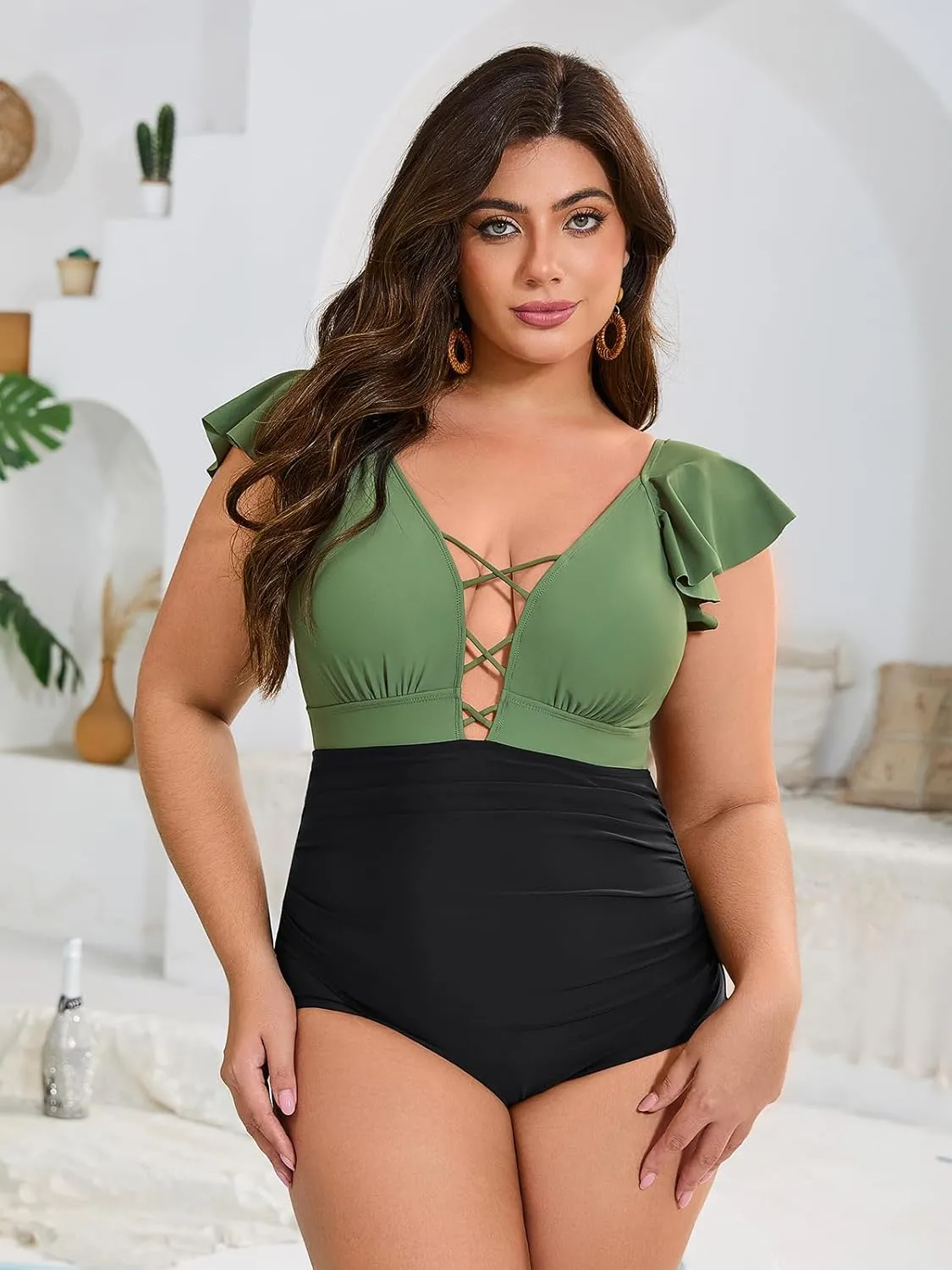 SHEKINI Women's Plus Size One Piece Swimsuit Vintage V Neck Tummy Control Bathing Suit Ruffle Plus Size One Piece Swimwear