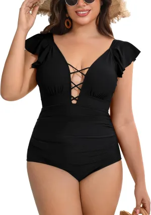 SHEKINI Women's Plus Size One Piece Swimsuit Vintage V Neck Tummy Control Bathing Suit Ruffle Plus Size One Piece Swimwear