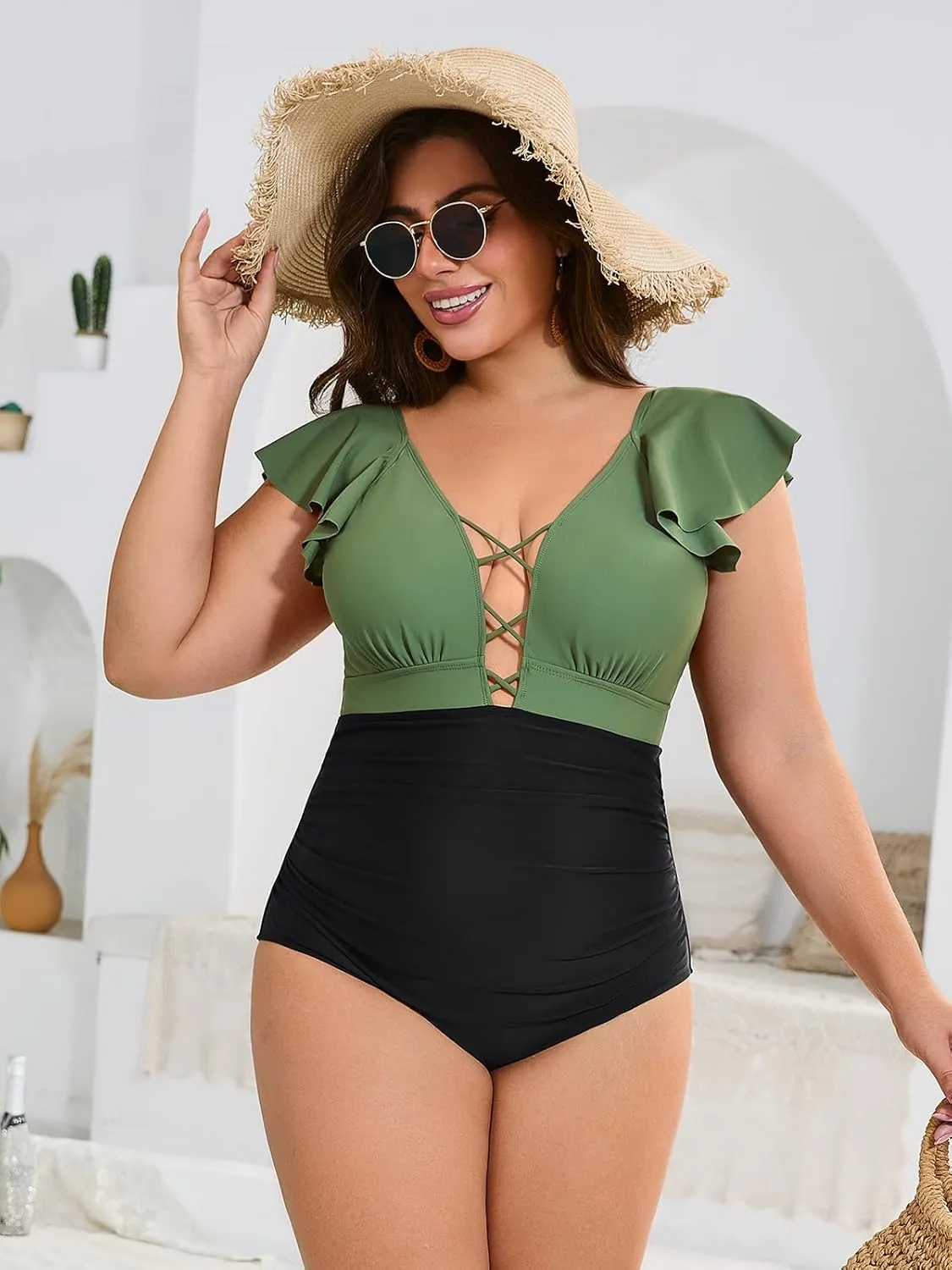 SHEKINI Women's Plus Size One Piece Swimsuit Vintage V Neck Tummy Control Bathing Suit Ruffle Plus Size One Piece Swimwear