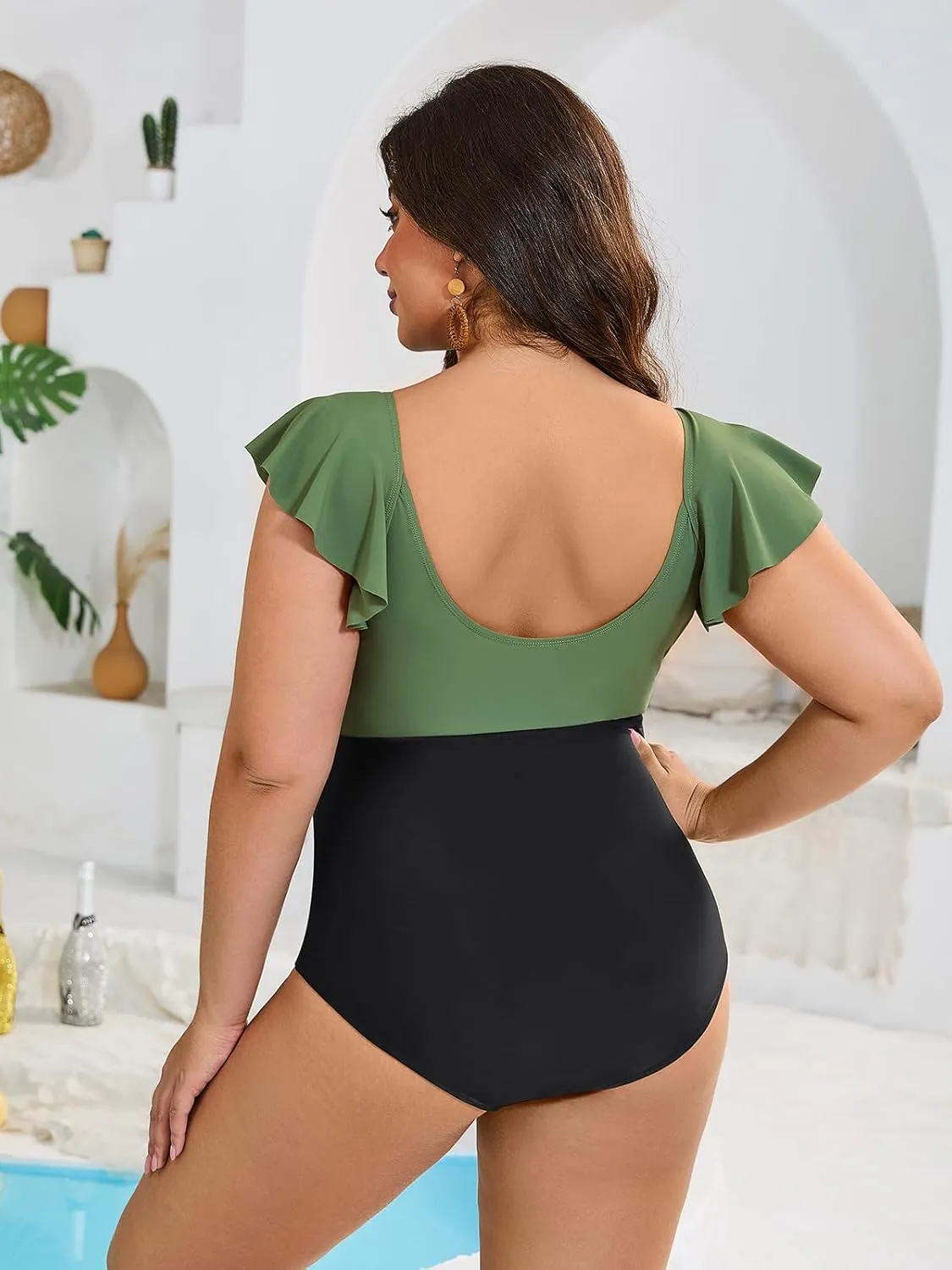 SHEKINI Women's Plus Size One Piece Swimsuit Vintage V Neck Tummy Control Bathing Suit Ruffle Plus Size One Piece Swimwear