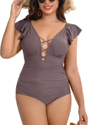 SHEKINI Women's Plus Size One Piece Swimsuit Vintage V Neck Tummy Control Bathing Suit Ruffle Plus Size One Piece Swimwear