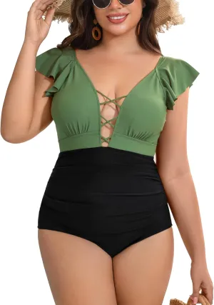 SHEKINI Women's Plus Size One Piece Swimsuit Vintage V Neck Tummy Control Bathing Suit Ruffle Plus Size One Piece Swimwear