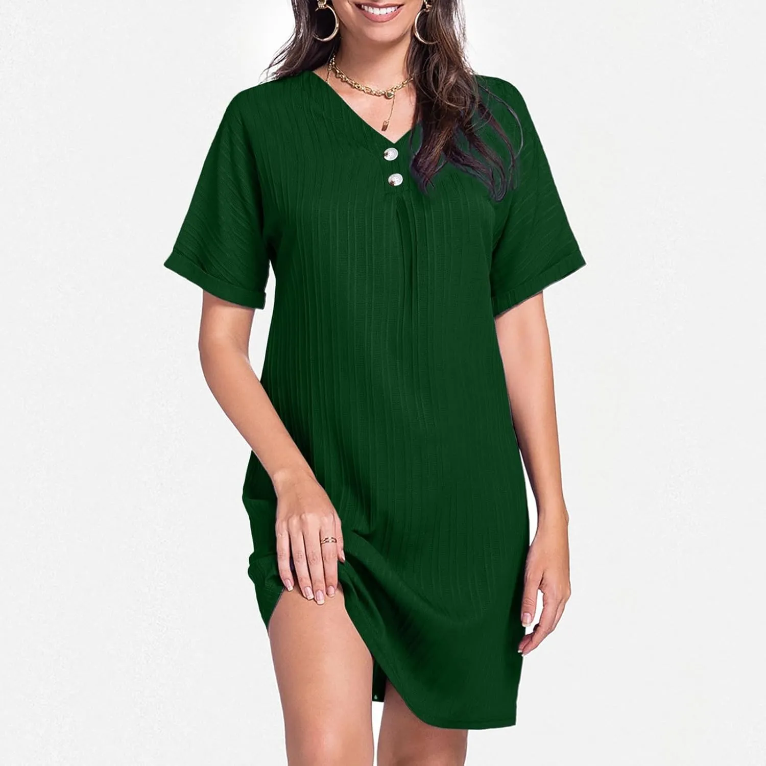 Shift Dresses for Women 2025 Trendy Dressy Texture Button V Neck Business Work Dress with Sleeves Beach Vacation Clothes