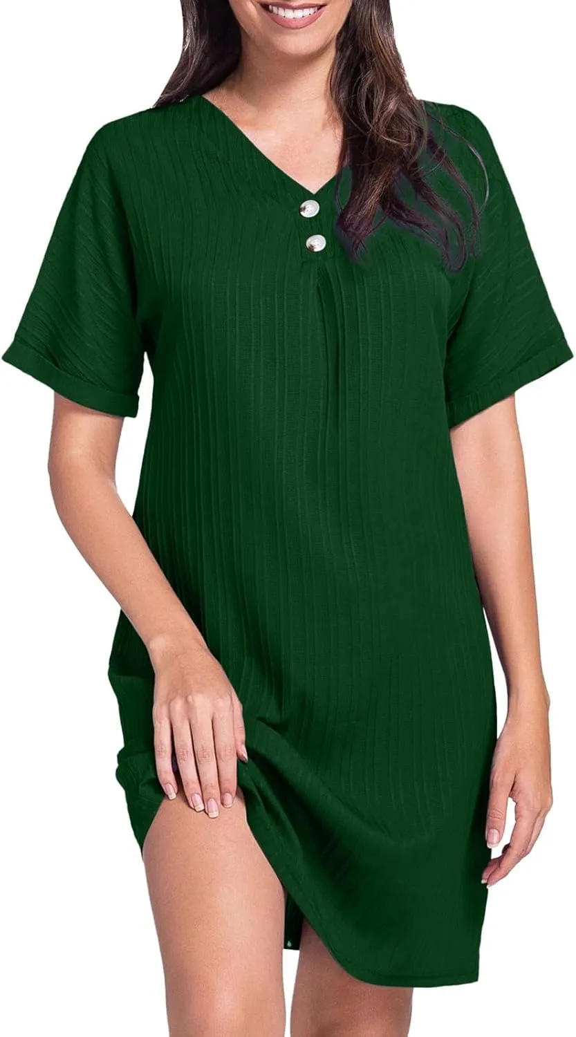 Shift Dresses for Women 2025 Trendy Dressy Texture Button V Neck Business Work Dress with Sleeves Beach Vacation Clothes