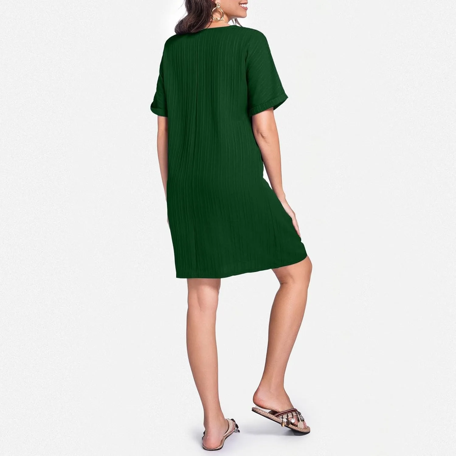 Shift Dresses for Women 2025 Trendy Dressy Texture Button V Neck Business Work Dress with Sleeves Beach Vacation Clothes