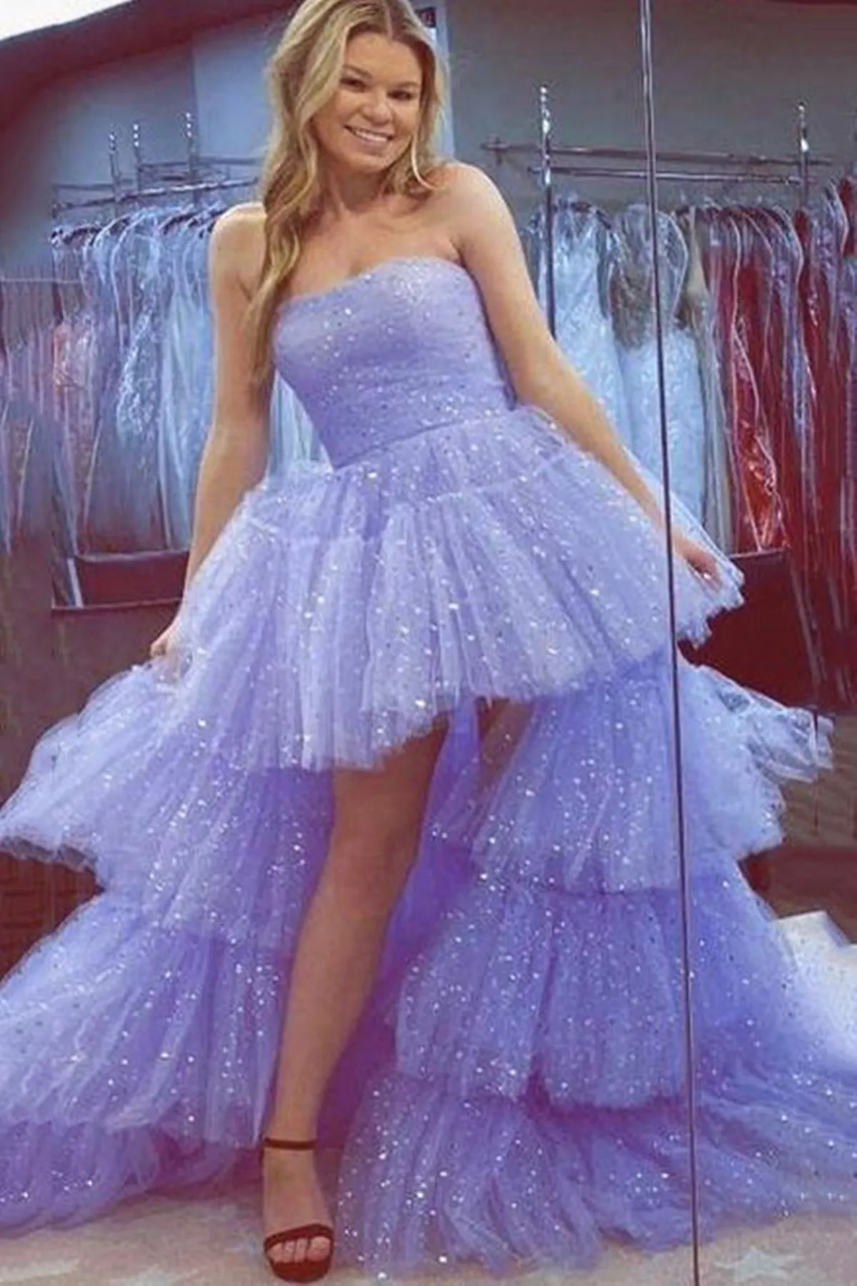 Shiny Purple Tulle Long Prom Dresses High Low Strapless Lilac Tulle Layered Formal Evening Dresses
