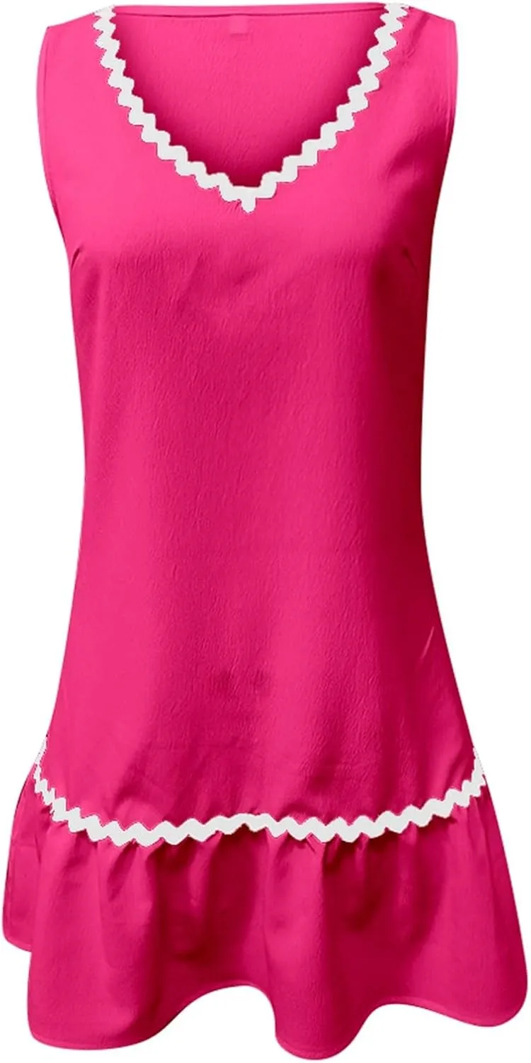 Short Dress for Women Retro Sleeveless V Neck A Line Sundress Loose Wedding Summer Beach Vacation Clothes