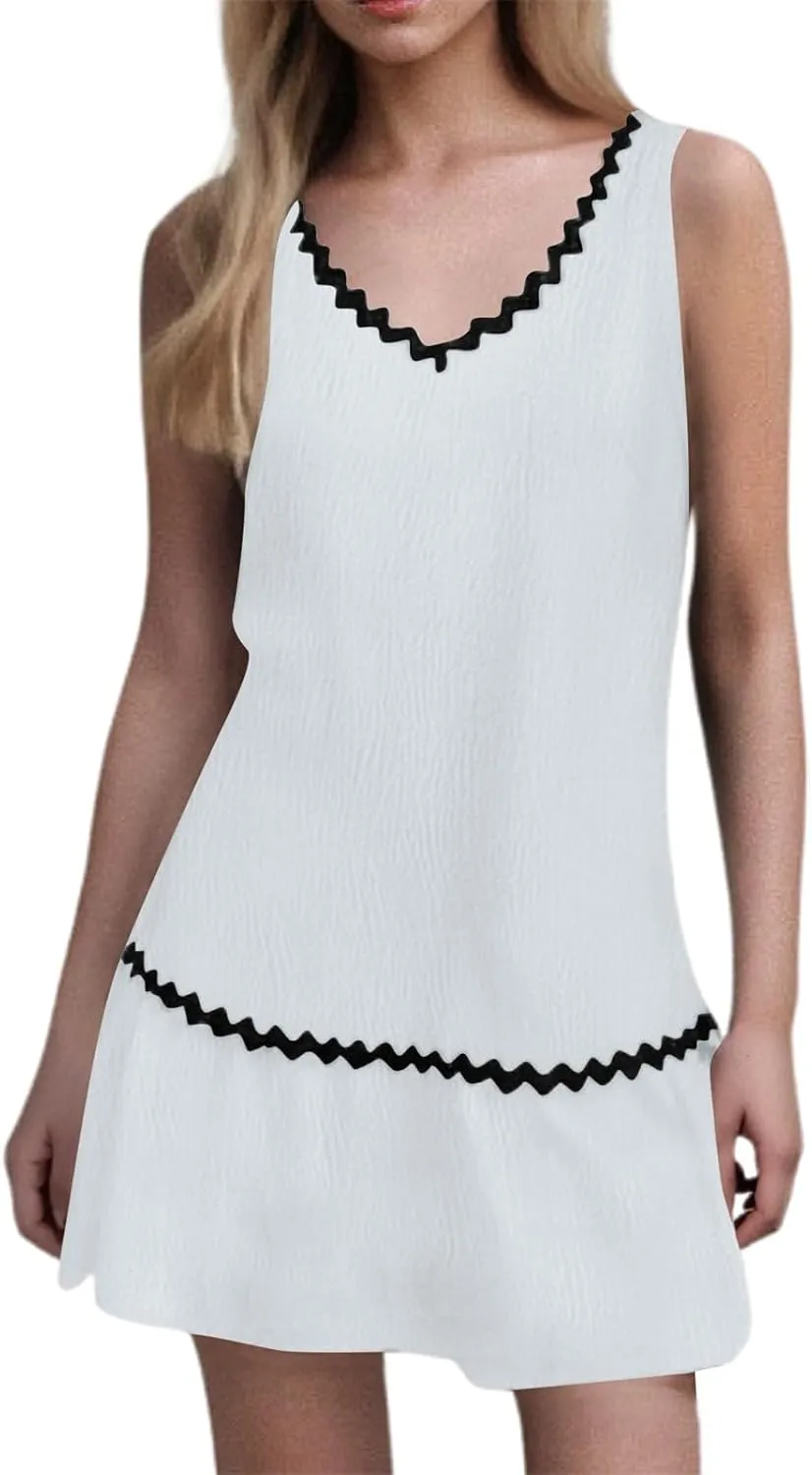 Short Dress for Women Retro Sleeveless V Neck A Line Sundress Loose Wedding Summer Beach Vacation Clothes