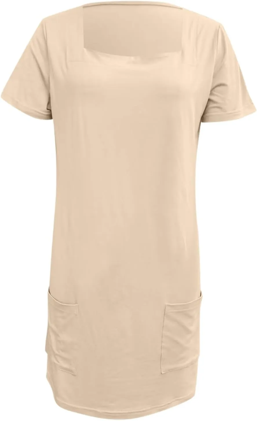 Short Lounge Dresses for Women Summer Solid Square Neck Short Sleeve Mini Beach Dress Plus Size Spring Break Clothes