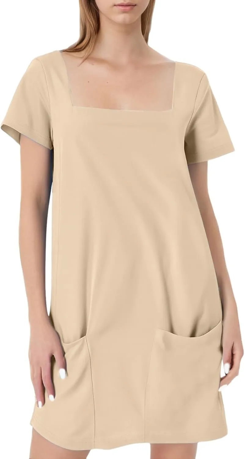 Short Lounge Dresses for Women Summer Solid Square Neck Short Sleeve Mini Beach Dress Plus Size Spring Break Clothes