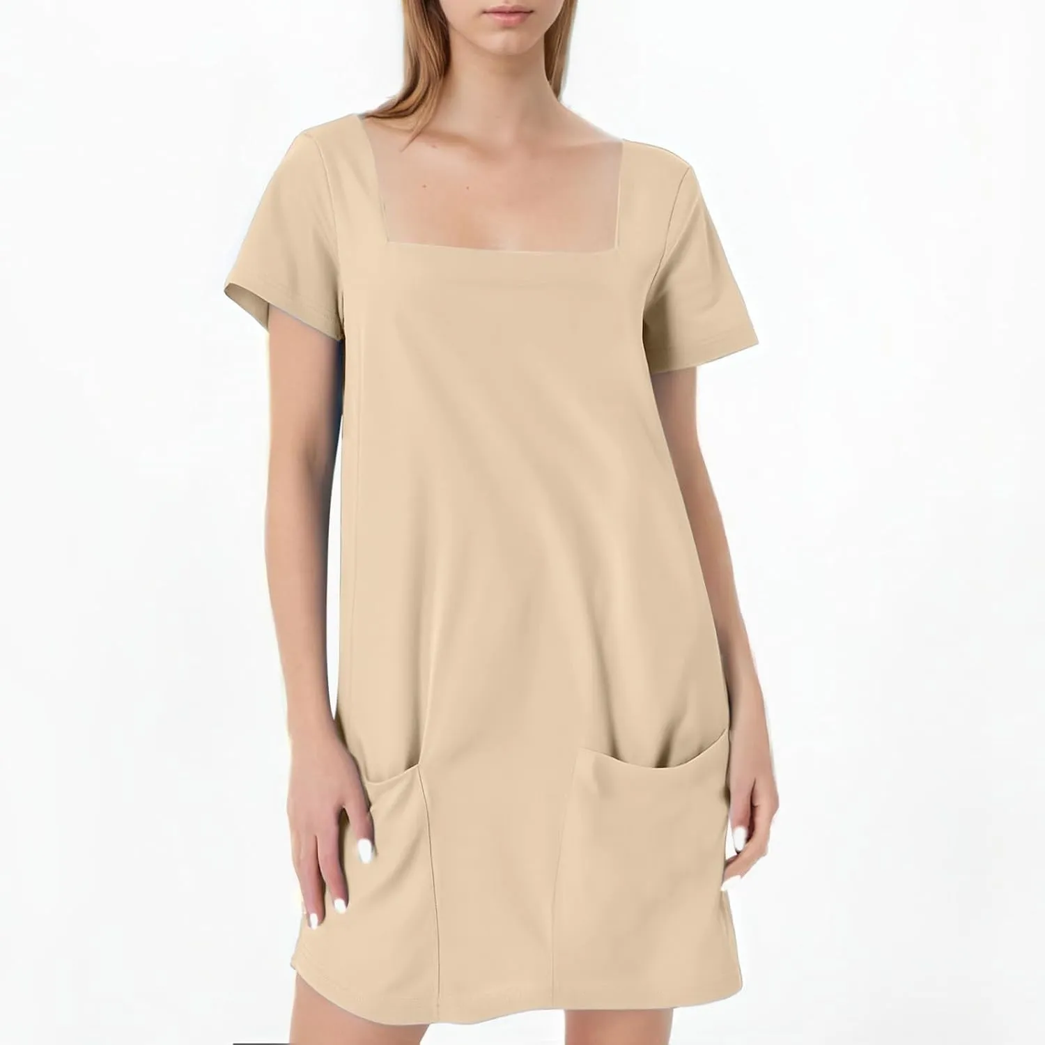 Short Lounge Dresses for Women Summer Solid Square Neck Short Sleeve Mini Beach Dress Plus Size Spring Break Clothes