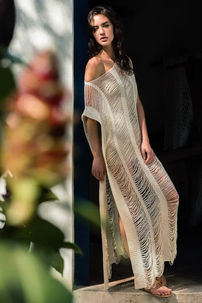 Side Split Swimsuit Long Black/White Crochet Dress