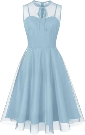 Sleeveless Floral Embroidery Dress for Women Flower Embroidery Tulle Prom Dress Mesh Illusion Keyhole Wedding Party Tea Dress
