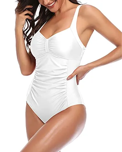 Slimming Bathing Suits Push-Up Padding Ruched One Piece For Women-White