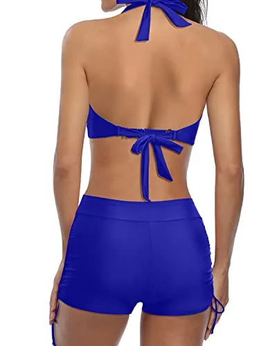 Slimming Two Piece Swimsuit With Push Up Bikini And Boyshort-Royal Blue