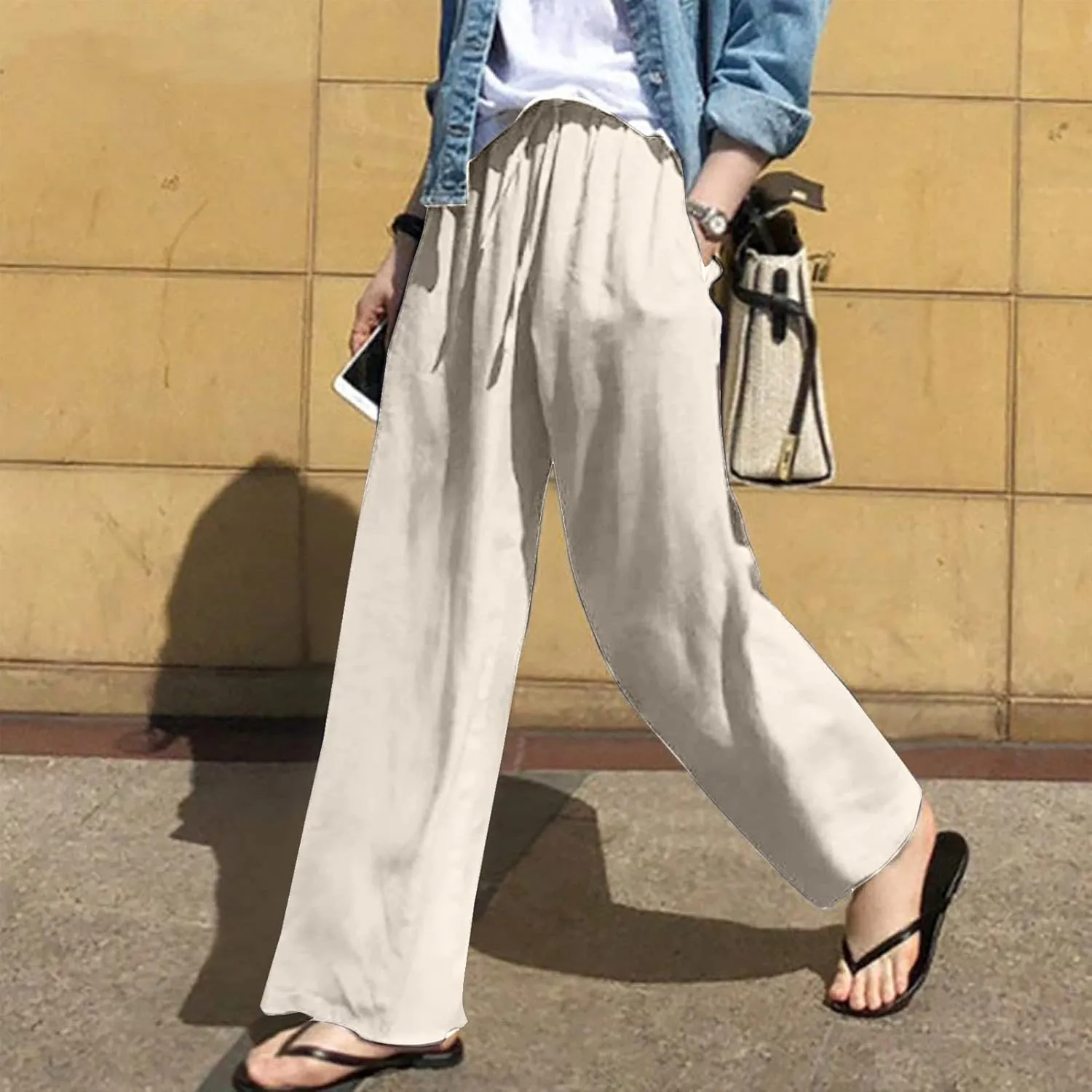 SMIDOW Women's Plus Size Casual Linen Pants High Waisted Cotton Trousers Straight-Leg Palazzo Pants with Pockets