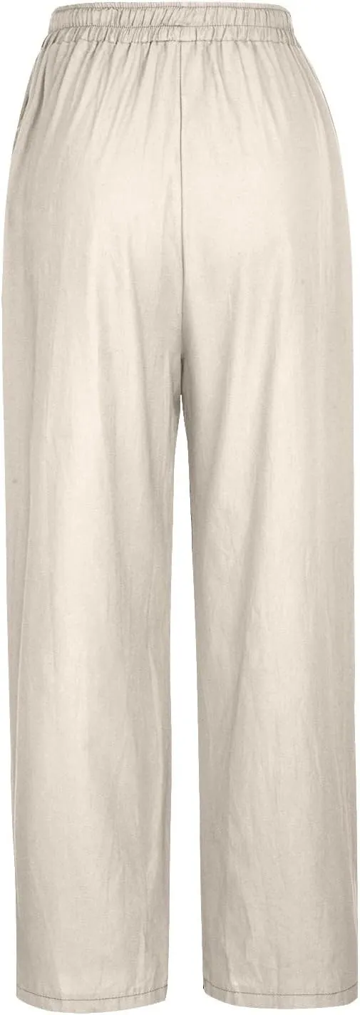 SMIDOW Women's Plus Size Casual Linen Pants High Waisted Cotton Trousers Straight-Leg Palazzo Pants with Pockets
